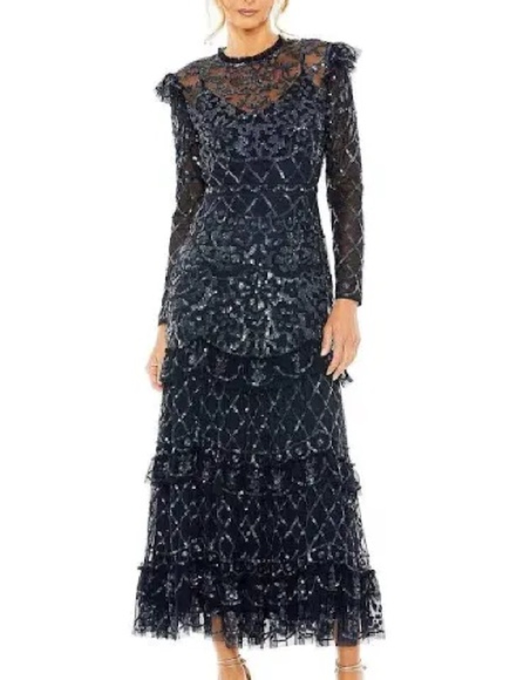 Mac Duggal 9624 | Ruffle tier| midi dress | wedding guest cocktail dress | lace